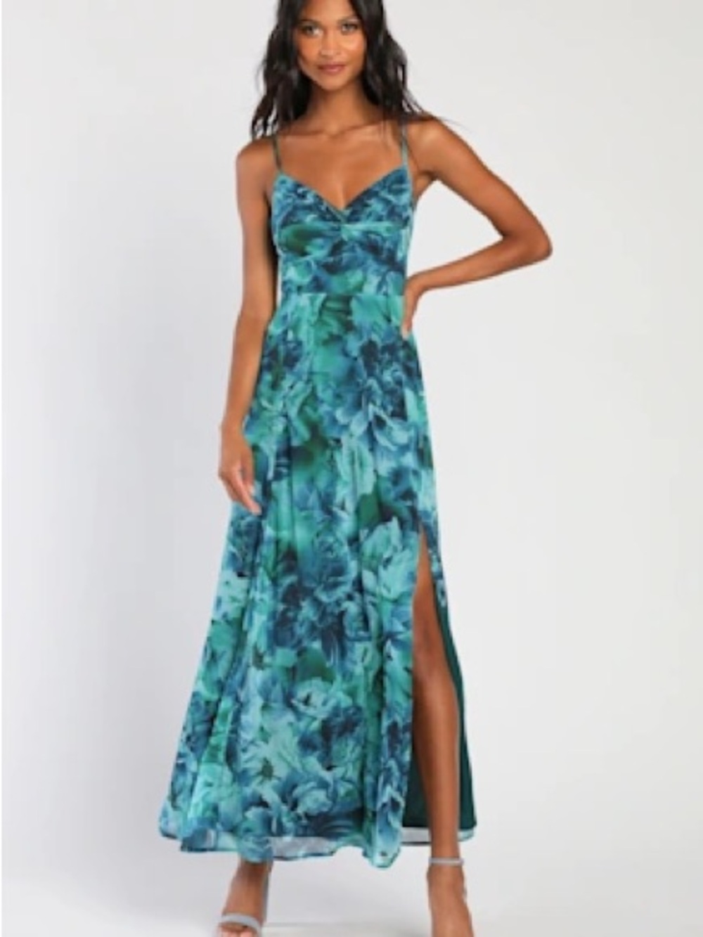 Lulu's Blue-Green Floral Midi Dress with Side Slit
